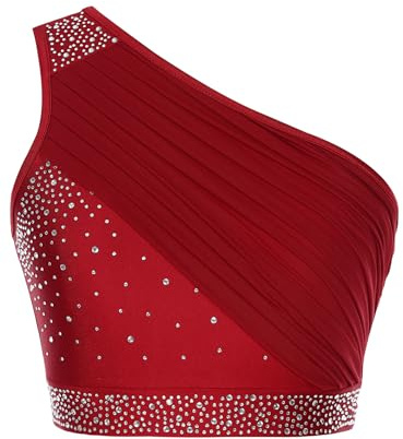 Jugaoge Femme Crop Top Une Épaule de Gymnastique Strass Haut Courte Danse Belly Orientale Gilet Vest Danse Moderne Tango Samba Dancewear S-XXL Bourgogne M