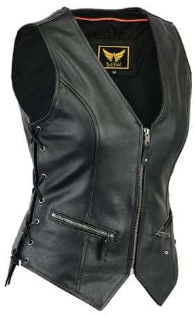TackField Womens Motorcycle Leather Vest Heavy-Duty Top Grain Cow Hide Classic Biker Style Vest (US, Alpha, Large, Regular, Regular, Black)