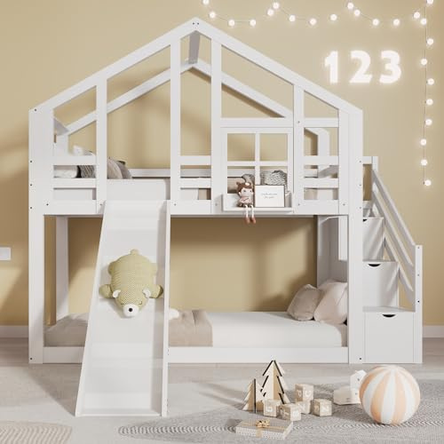 YESGIGA Lit superposé, pour enfant, 90 x 200 cm, avec toboggan et protection anti-chute (1, avec escalier de tiroir)