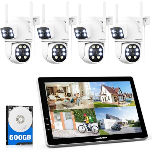 Camcamp CCTV Camera System with 10 Inch LCD Monitor, 4PCS Dual-Lens Wireless Outdoor Security Cameras, 500GB HDD, No Subscription, 24/7 Record, Colour Night Vision, IP66, for Home Farm Rural Property
