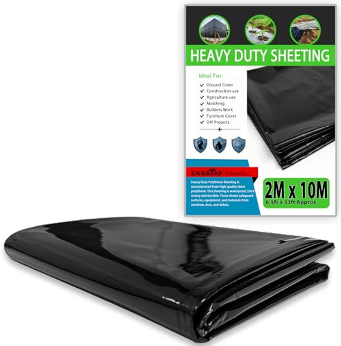 CHESTAF 2M X 10M Black Plastic Sheeting Heavy Duty, 1850G Thick Polythene Sheeting Garden Grow, Dust Sheet Waterproof Outdoor Cover, Large Construction Gardening Insulation, Building Rubble Protection