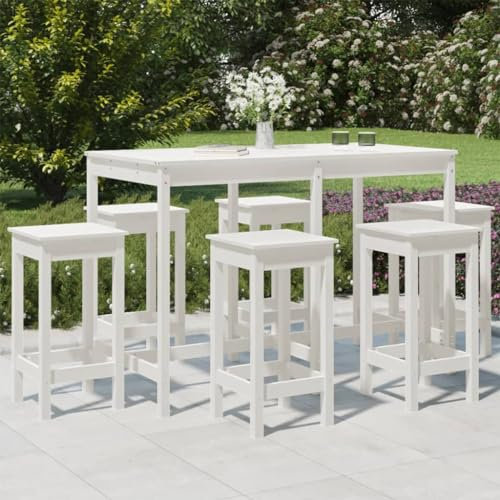 Homgoday Holzgartenbar-Set mit 6 Stühlen - Massives Kiefernholz - Weiß - 159,5 x 82,5 x 110 cm - für Terrasse, Balkon oder Garten Model3154756