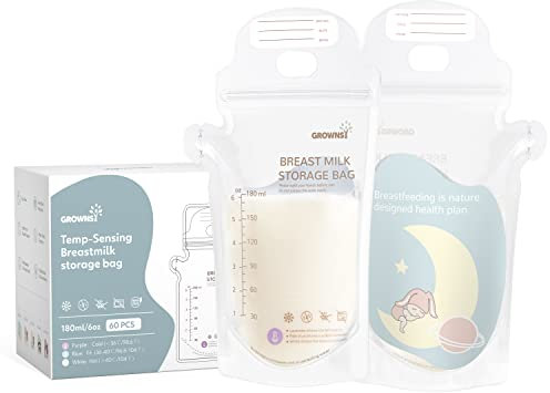 Grownsy Sacchetti Latte Materno 60 Pezzi 180ml trasparente, 180 ml, Sacchetti Monouso BPA Free, Rilevamento Temperatura, Design Anti-Perdite, Ideali per Allattamento e Congelamento