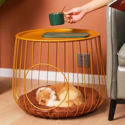Table basse ronde pour chat avec cadre en métal, table d'appoint multifonction pour animaux de compagnie avec trou de taille chat pour salon, chambre à coucher, appartement