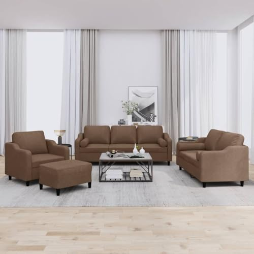 Qnhdfrt 4-TLG. Sofagarnitur Braun mit Kissen – Bequemes Sofa-Set aus Stoff für Wohnzimmer oder Balkon – Inklusive Sessel, Zweisitzer, Dreisitzer und Hocker – Robustes Design mit hohem Komfort