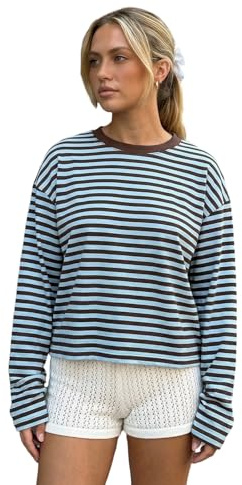 Felcia Women's Classic Striped T Shirt Long Sleeve Crew Neck Loose Casual Tops Fall Streetwear