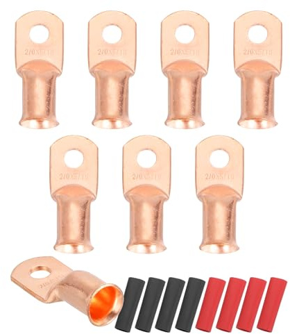 sourcing map 8pcs 2/0 AWG M8 Battery Lugs Ring Terminals, 5/16 8mm Stud Crimp Wire Terminal Connector End Copper, 2:1 Heat Shrink Tubing, Gold