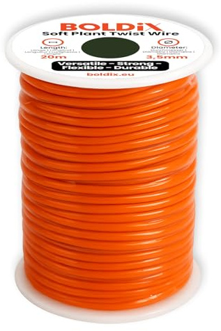 BOLDiX Flexibler Pflanzendraht 20m Rolle Ø3,5mm mit weicher Gummi-Ummantelung Stabiler Bindedraht für Low-Stress-Training, Kletterpflanzen Gartendraht Pflanzenbinder (Orange, 1x 20m (Ø3.5mm))