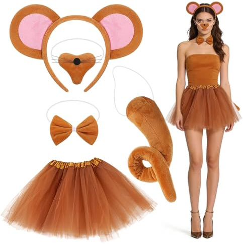 5 Pcs Mouse Costume Set for Adult, Cute Brown Mouse Dress Up costume Headband Nose Tail Bow Tie Tutu Skirt, Animal Costume Set Accessories for Carnival Halloween World Book Day Fancy Dress Up Cosplay