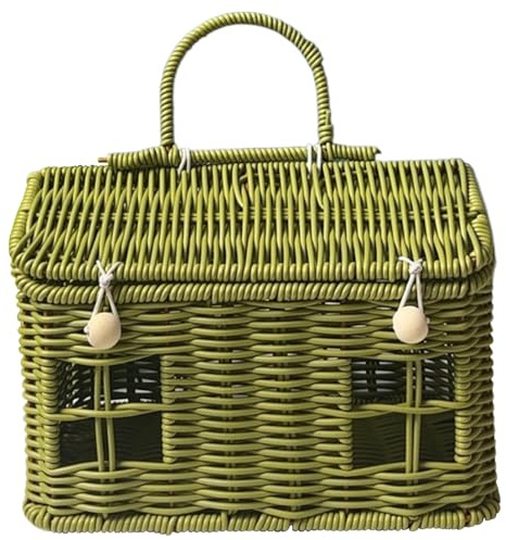 Garden Harvest Basket House Shaped PP Rattan Picnic Basket with Lid & Handle Button Closure Wicker Suitcase for Organizing Storage