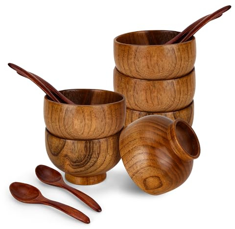 WeeGoo 6 Pcs Jujubes Wooden Japanese Bowls and 6 Pcs Spoon, 9 cm/3.54 inch Round Acacia Wooden Bowl, Wood Dinner Bowls Cereals Rice Bowl for Rice Soup Condiments Dip Sauce Nuts