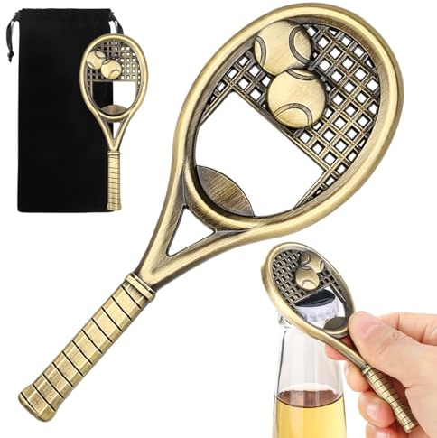 Apribottiglie a Forma di Racchetta da Tennis, Birra Apribottiglie con Sacchetto Regalo, Cavatappi Portatile, Regalo per Compleanno, Festa del Papà, per Uomini, Donne, Amico, Amanti della Birra, Bronzo