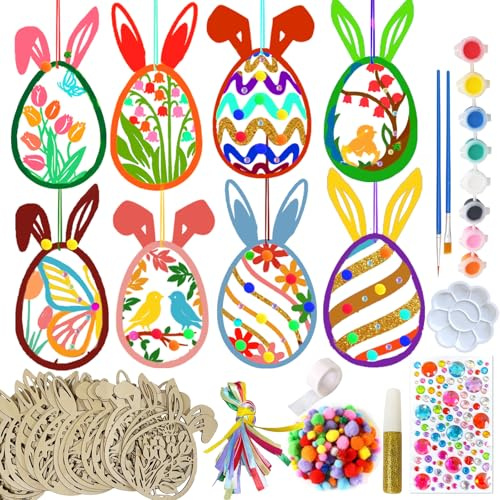 108 Stück Holzanhänger Zum Bemalen, Oster Basteln Kinder,Osteranhänger Holz | Pompons, Strass, Aquarellstift, Deko Schnur, Osteraufkleber, DIY Ostern Bastelset für Kinder, Ostereier Party