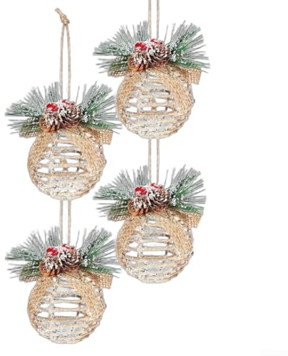 Bolas decorativas tejidas a mano de piña y bayas, juego de 4 para decoración de temporada del hogar y árbol