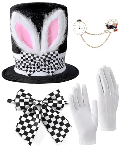 COSAVOROCK Costume de Paques Adulte 4 Pièces Chapeau Haut de Forme Lapin avec Broche Lapin Blanc Gants Nœud Papillon