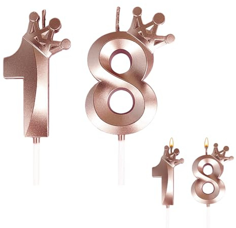 Vela de 18 Cumpleaños Con Corona, Vela Oro Rosa con Número de 18 años, Decoración de Pasteles, Decoraciones Adecuadas para Cumpleaños y Aniversarios, para Niños y Niñas