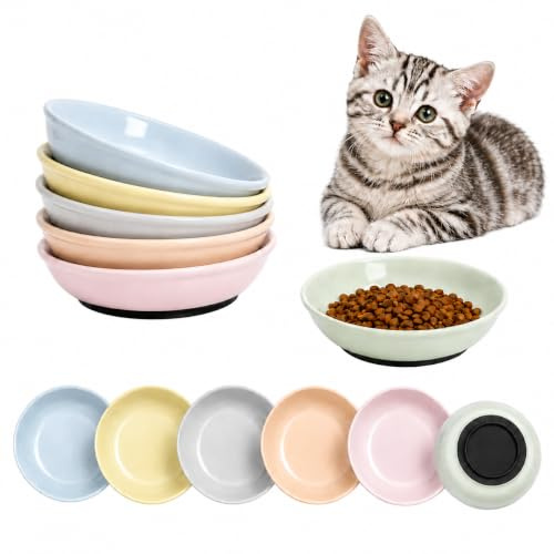 Gamelle Chat en Céramique - Gamelle pour Chat Large et Peu Profonde avec Base Antidérapante en Silicone Intégrée - Lot de 6 Coloris Morandi - Micro-Ondes et Lave-Vaisselle