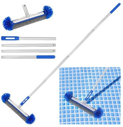 Runde Poolbürste, Pool Reinigungsbürste, Pool Schrubber mit Stiel, Poolbürste mit 190cm Demontage Stange, Bodenbürste für Badezimmer, Bürste Reinigung Breit für Poolwänden, Fliesen und Stufen