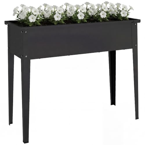 Outsunny Potager sur Pieds en Métal Trou de Drainage 100 x 40 x 80 cm Noir | Jardinière Surélevée 80L, avec Bords Arrondis, Carré Potager Surélevé pour Plantes Fleurs Légumes
