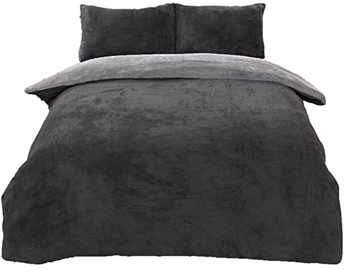 Brentfords Reversible Teddy Fleece Duvet Cover with Pillow Case Supersoft Fluffy Thermal Warm Soft Sherpa Bear Bedding Set, Charcoal Silver Grey - Double