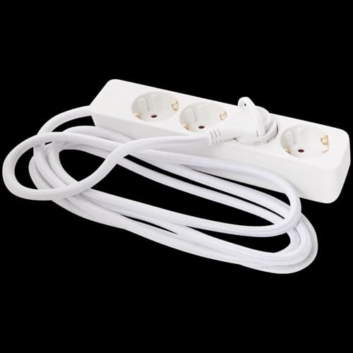 Pro Max Bloc multiprise 2,5 m avec fiche plate sans interrupteur, 2,5 m de long, câble textile blanc et noir, 3 prises de terre, max. 3680 W