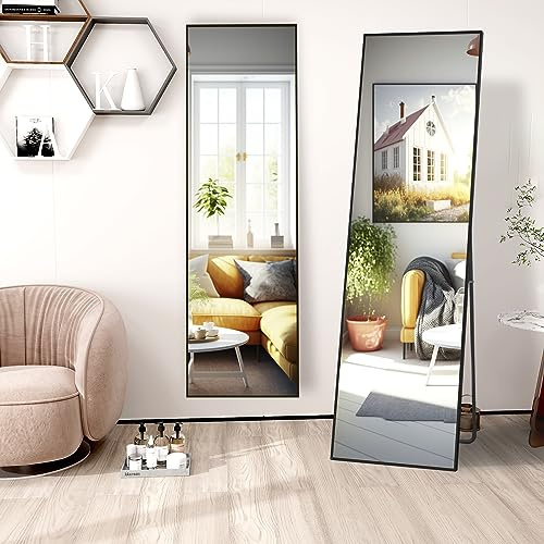 FANYUSHOW Ganzkörperspiegel 150x40cm mit Schwarz Metallrahmen Standspiegel HD Groß Wandspiegel mit Haken für Wohn-, Schlaf- und Ankleidezimmer Spiegel
