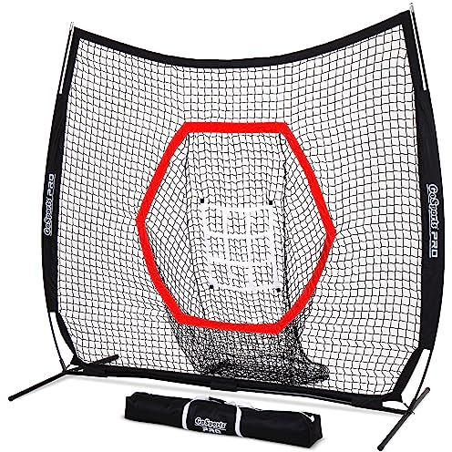 GoSports 7 ft x 7 ft Baseball & Softball Practice Hitting & Pitching Net with Bow Type Frame, Carry Bag and Strike Zone, Great for All Skill Levels