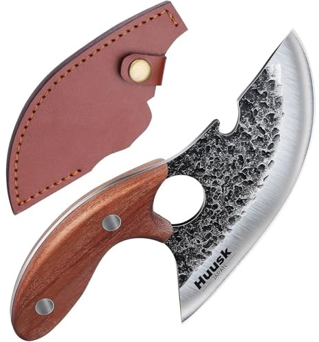 Huusk Knives, Viking Boning Knife for Meat Cutting, Small Ulu knives, Caveman Ultimo Knife Hand Forged Full Tang Knives for Kitchen or Camping Christmas Gift for Men and Women