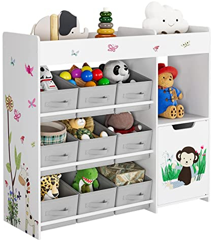 HOCSOK Scaffale Portagiochi Bambini, Organizzatore per Giocattoli, Scaffale per Giocattoli con 9 Contenitori in Stoffa, adatto per Cameretta, Soggiorno, Bianco, 90.5x30x80cm