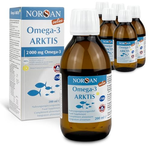 NORSAN Premium ARKTIS Omega-3 Öl - 1.500 mg Omega 3 hochdosiert - 6x 200ml | 755 mg EPA & 975mg DHA pro Portion aus Dorschöl - 800 IE Vitamin D3 - aus nachhaltigem Wildfang - gereinigt von Schadstoffen