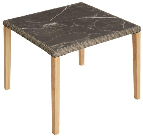 tectake® Tavolo in Rattan Taranto, Effetto Marmo, Telaio in Alluminio e Gambe in Legno Massiccio, Quadrato, per Giardino e Esterno, 93,5x93,5x75 cm, Cappucci in Plastica Antigraffio - Naturale