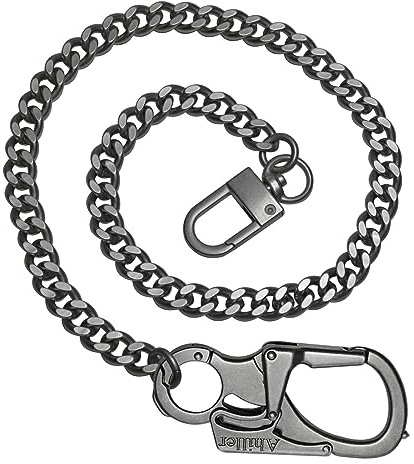 Ahiller Geldbörsenkette mit Verschluss [Doppelschloss-Design mit Wolframstahl-Kegelkopf], Heavy Duty Biker-Kette, Herren-Geldbörsenkette, Jeanskette und Schlüsselkette (DK-Schwarz,1)