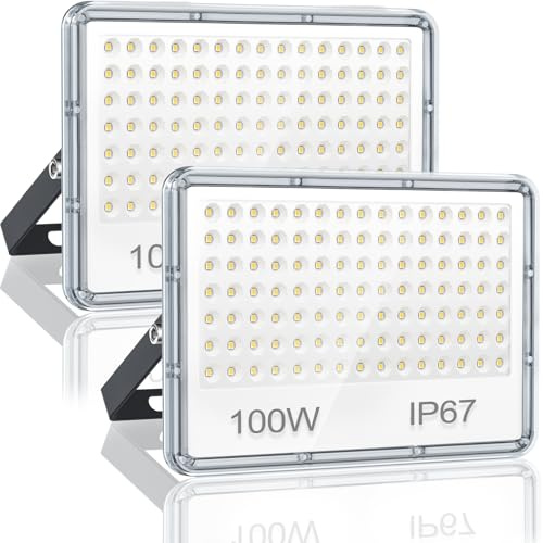 YIQIBRO LED Strahler Außen 100W, IP67 wasserdicht für Garten, 2 Stück | 10000LM Superhell LED Fluter Außen, 6500K Kaltweiß Außenstrahler LED Scheiwerfer für Lager, Garage, Terrasse, Fabrik