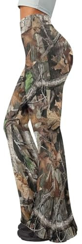 Pointodoor Camouflage Hunting Wood Forest Print High Waisted Bootcut Yoga Leggings for Women Camo Oak Wide Leg Bell Bottoms Soft Tummy Control Stretchy Pants,XL