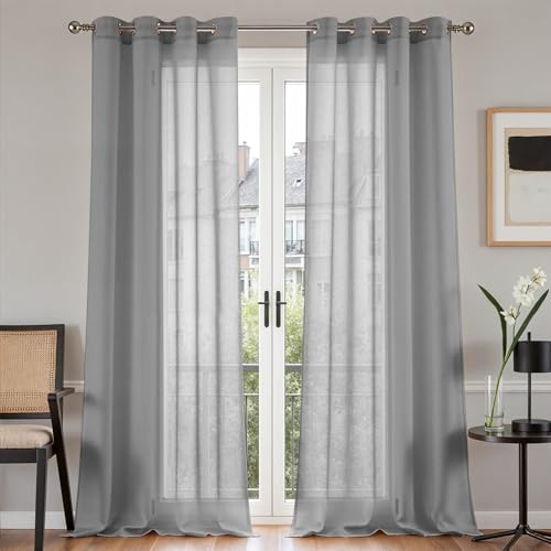 TOPICK Cortinas de Gasa con Ojales Transparente Cortina Aspecto de Estilo Moderno Bistro Casa Campo Salón Dormitorio Rústico para Ventana Gris de 2 Unidades 140 x 280cm