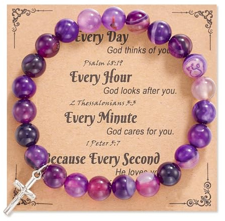 Flongo Damen Kreuz Perlen Armband: Naturstein christlich Perlenarmband lila purple Achat Edelstein Armbänder Cross Bracelet Geburtstag Valentinstag Taufe Geschenk für Frauen Mädchen Kinder Gebetskette