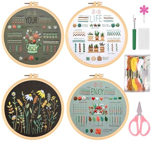 Vegena Ricamo Starter Kit 4 Pezzi, Kit per Ricamo con Motivo e Istruzioni, Ricamo Starter Kit Set da Punto Croce, Set da Ricamo per Principianti, Adulti e Bambini, Ricamato con Motivo a Floreale