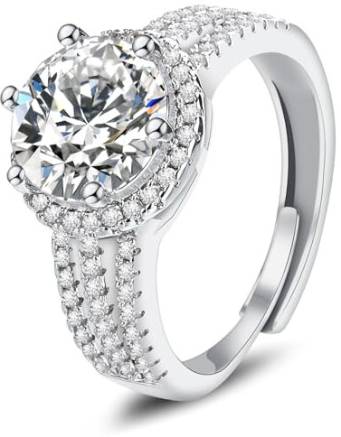 Aolcev Verlobungsring Damen Ringe Frauen 3 Karat Ring Silber 925 Damen Moissanit Engagement Offen Verstellbar Glänzend Cubic Mit Zirkon für Frauen Promise Ring Damen Eheringe(Einstellbare 5-10mm)