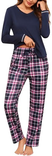 Litherday Pyjama Femme Hiver Ensembles de Pyjama Coton Col en V | Vêtements de Nuit à Manches Longues Imprimé à carreaux Automne Vêtement d'Intérieur