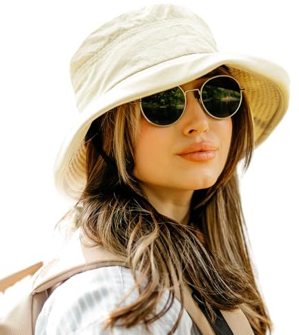 TOP-EX Sun Hats forWomen Wide Brim UV Protection Ladies Summer Bucket Hat Foldable Outdoor Sunhat for Safari Fishing UPF 50 & Waterproof Beige L