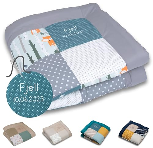 ULLENBOOM Krabbeldecke für Baby mit Personalisierung, 100% OEKO-TEX Materialien, Waldtiere Petrol 100x100 cm - Babydecke mit Namen und Datum, ideal als Spieldecke und Geschenk zur Geburt