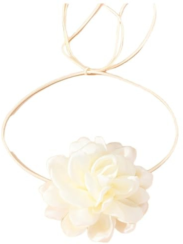 Wambere 1 Stück Blumenhalskette Damen Halsband Blumen Choker Halskette Handgefertigte Halsketten Frauen Vintage Lange Band Choker Blumenkette für Hochzeit Geburtstag Party Abschlussball,Creme