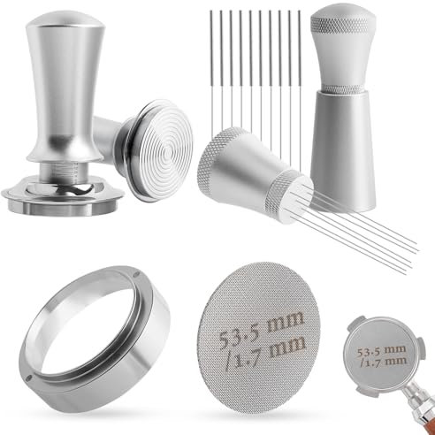 Coffee Tamper 54mm, Espresso Tamper Set with WDT Tool, 54mm Dosing Funnel, Puck Screen 54mm, Spring-Loaded Tamper Flat Stainless Steel Base Compatible with Espresso Coffee Machine