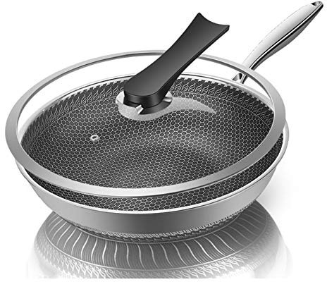 Bratpfanne, professionelle antihaftbeschichtete Sauteuse-Pfanne aus Edelstahl mit Deckel – 32 cm – Induktionspfanne mit Deckel aus gehärtetem Glas und hitzebeständig