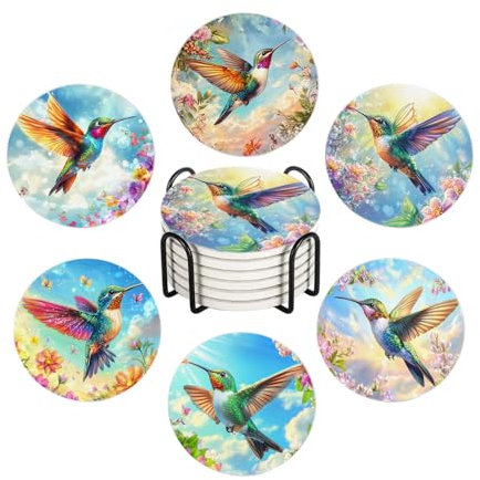 Drink Coasters for Drinks Set of 6, Spring Hummingbird and Floral Blossom Absorbent Round Ceramic Stone Mat Coaster, with Cork Base and Metal Holder, Home Bar Decor House Warming Gift