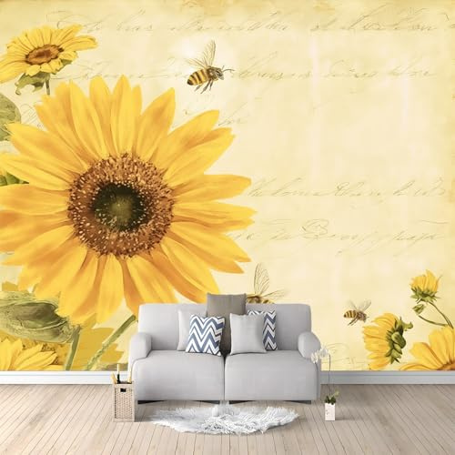 Fototapete Retro Aquarell Sonnenblumen Muster Vliestapete Tapete Wanddeko Ideen Gelb Winter Schlafzimmer Wohnzimmer Home Decor Fototapete 400 x 280 cm (B x H) Tapetenwand für das Kinderzimmer