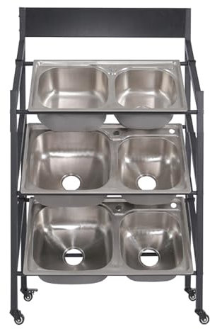 3 4 Tiers Washing Hand Basin Display Rack Steel, Rolling Single Double Slot Kitchen Sink Sample Stand - Adjustable Spacing, Commercial Supermarkets Washbasin Storage(W/wheels,3 layers - L 75cm/29.5in)