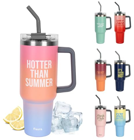 Fisura – Bouteille d’eau isotherme 1,2 L Hotter Than Last Summer. Gourde thermique rose en acier inoxydable. Sans BPA. Conserve 24h le froid / 12h la chaleur. Avec paille intégrée. 9,8 cm x 27,8 cm.