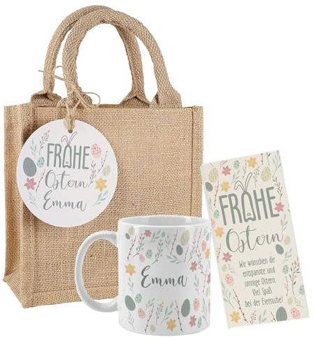 Herz & Heim® Personalisiertes Ostergeschenk-Set mit Name & Wunschtext – Tasse, Schokolade & Jute-Geschenktüte mit Anhänger – Individuelle Geschenkidee zu Ostern für Kinder & Erwachsene