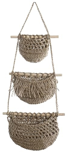 3 Tier Hanging Fruit Basket for Kitchen - Wall Hanging Vegetable Fruit Baskets with Wooden Rods,Jute Rope Woven Storage Baskets Over the Door Organizer for Kitchen,Bedroom,Bathroom